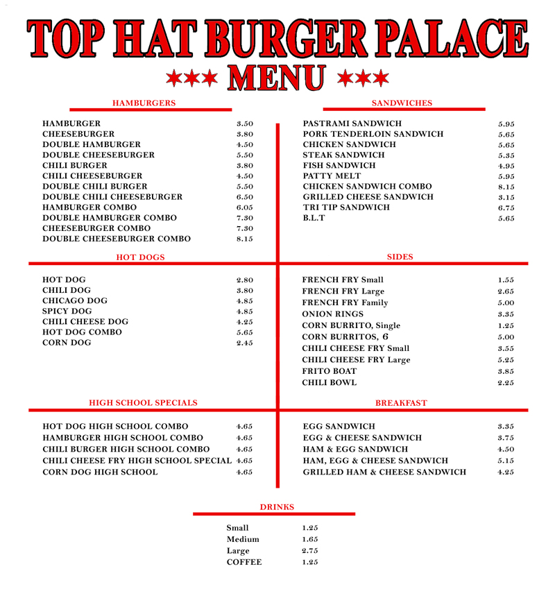 top hat menu, hamburger price, hot dog price