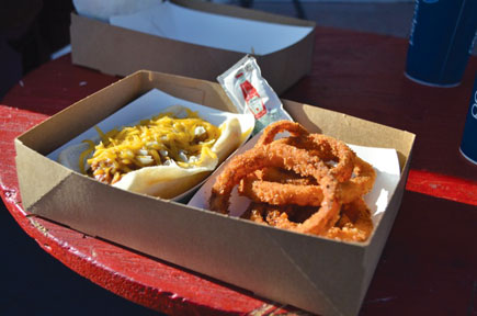 Photo of the Top Hat Burger Palace's chili dog and onion rings